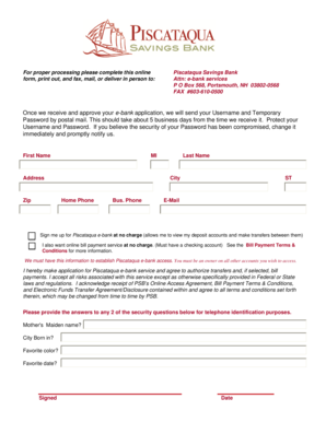 Piscataqua Savings Bank e-Bank Application Form
