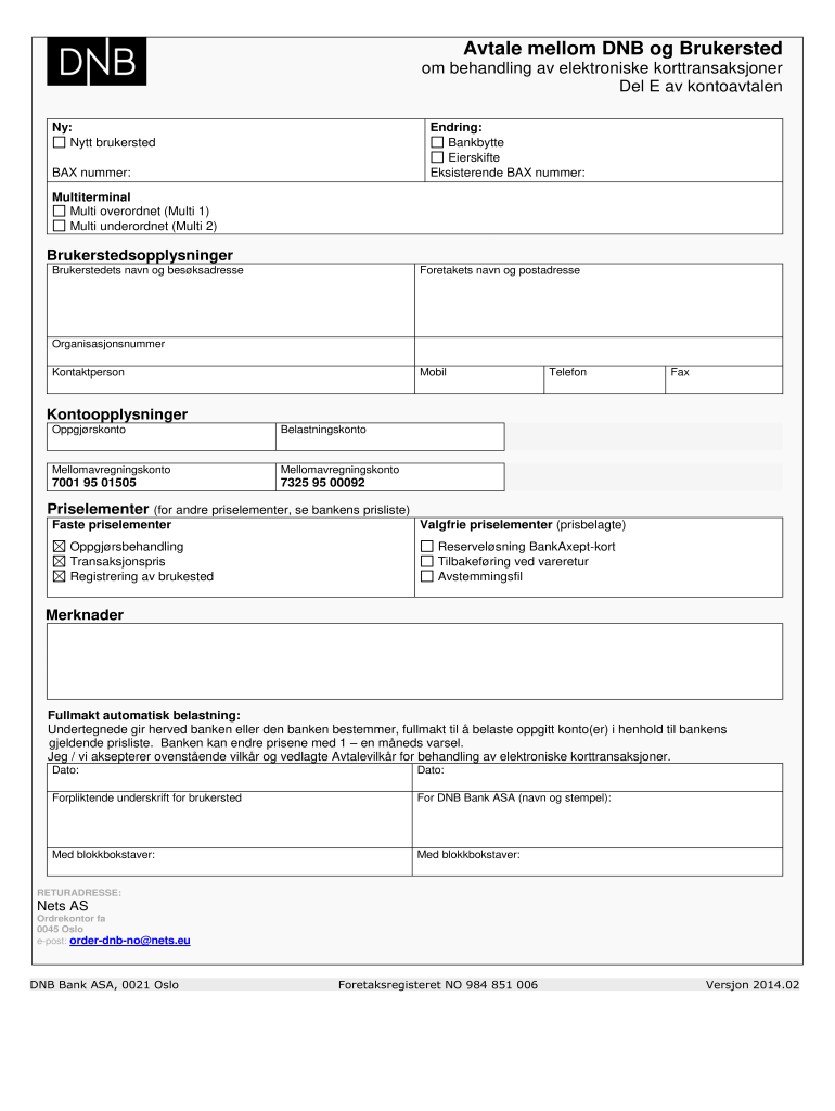 Avtale mellom DNB og Brukersted elektroniske korttranser eftpos v201402 Preview on Page 1