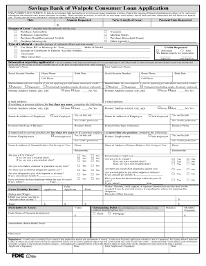 Savings Bank of Walpole Consumer Loan Application