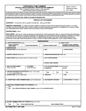 DD Form 2792-1 Exceptional Family Member Special Education Summary