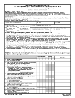 Preseparation Counseling Checklist for Reserve Component Service Members