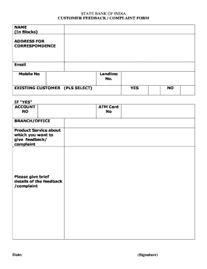 State Bank of India Customer Feedback Complaint Form