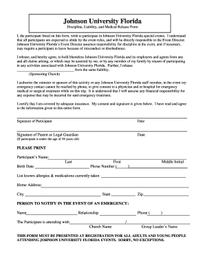 Johnson University Florida Discipline Liability Medical Release Form