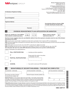 Westpac Dividend Reinvestment Plan Application