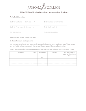 2014-2015 Verification Worksheet for Dependent Students