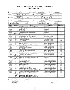 Professional Training Summary Sheet