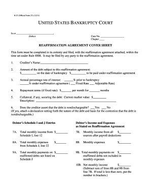 US Bankruptcy Reaffirmation Agreement Cover Sheet