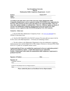 East Stroudsburg University Math Competency Requirement Form