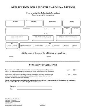 North Carolina License Application Form