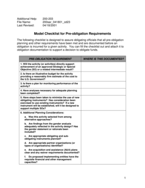Model Checklist for Pre-obligation Requirements
