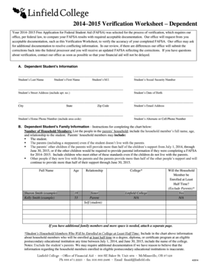 2014–2015 Verification Worksheet – Dependent