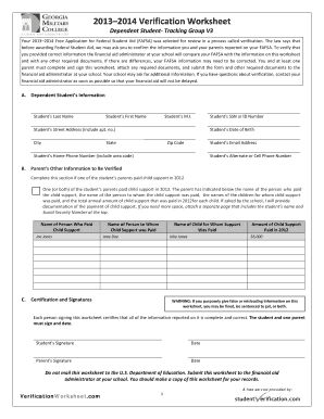 2013–2014 Verification Worksheet for Dependent Student