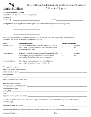 International Undergraduate Certification of Finances Affidavit