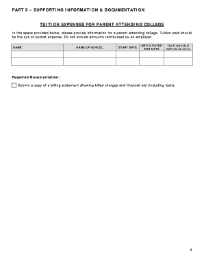 Tuition Expense Form for Parent Attending College