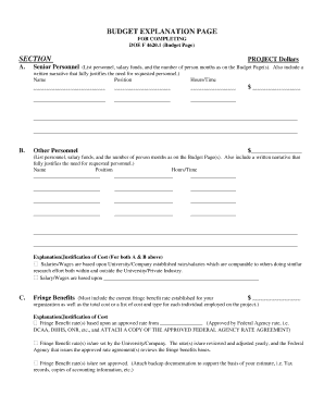 DOE F 4620.1 Budget Explanation Page