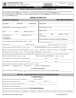 Illinois Wage Claim and Minimum Wage Complaint Form