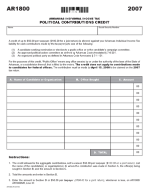 Arkansas Individual Income Tax Political Contributions Credit Form