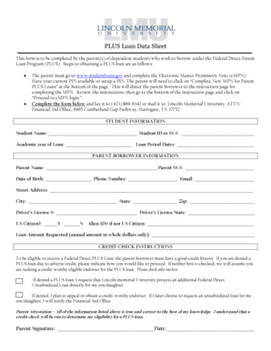 Federal Direct Parent PLUS Loan Data Sheet