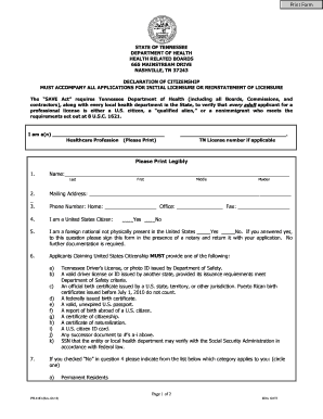 Tennessee Citizenship Declaration for Licensure