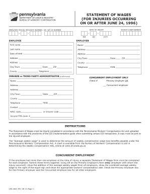 Pennsylvania Statement of Wages for Workers' Compensation