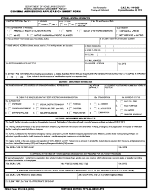 FEMA General Admissions Application Short Form