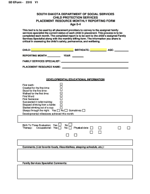 South Dakota Child Protection Services Placement Resource Monthly Report
