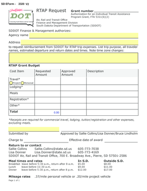 Compenable - RTAP Request Request for reimbursement of transit agency travel expenses - state sd