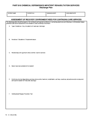 Chemical Dependence Inpatient Rehabilitation Discharge Plan