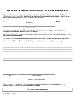 Home for the Aged Resident Authorized Representative Appointment
