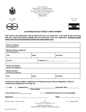 Maine Credit Card Payment Authorization