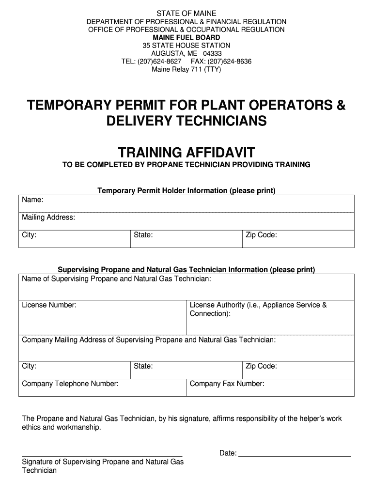 Fillable Online maine Propane Temporary Permit Affidavit mainegov Fax
