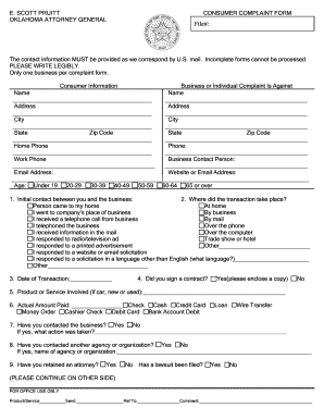 Oklahoma Consumer Complaint Form