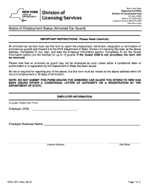 Notice of Employment Status for Armored Car Guards