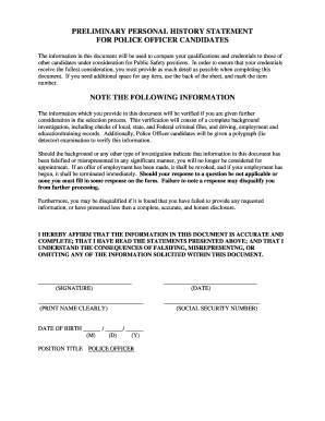 Preliminary Personal History Statement for Police Officer Candidates