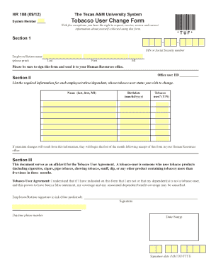 Texas A&M Tobacco User Change Form