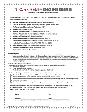 Texas A&M University Employee Acknowledgement Form
