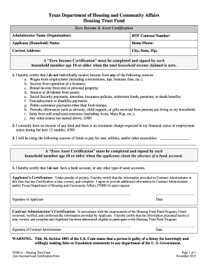 Texas Zero Income and Asset Certification
