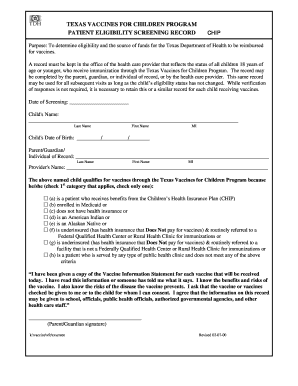 Texas Vaccines for Children Program Eligibility Screening Record