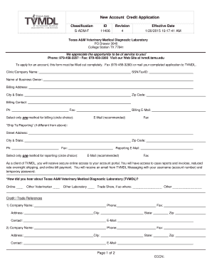 Texas A&M Veterinary Medical Diagnostic Laboratory Credit Application