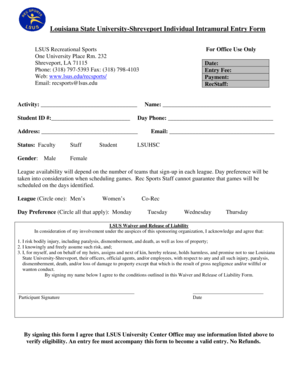 LSU-Shreveport Intramural Entry Form