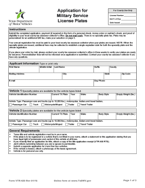Texas Military Service License Plate Application