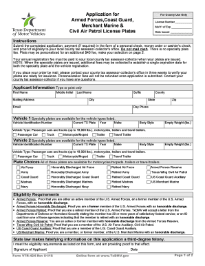Texas Military Veteran License Plate Application