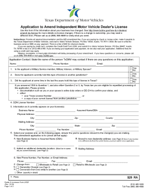 Texas Independent Motor Vehicle Dealer License Amendment Form