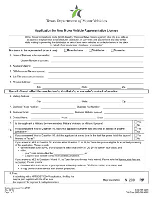Texas Motor Vehicle Representative License Application
