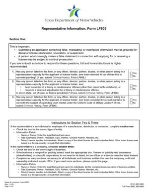 Texas Dealer and Licensee Representative Information Form LF603
