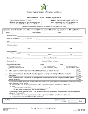 Texas Motor Vehicle Lessor License Application