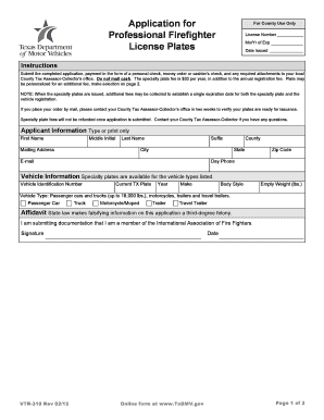 Texas Professional Firefighter License Plate Application