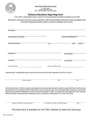 Texas Real Estate Distance Education Reporting Form