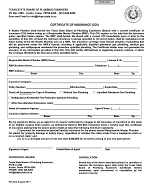 Texas Master Plumber Certificate of Insurance