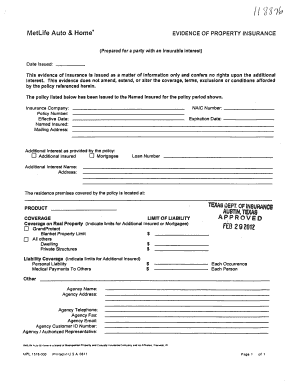 MetLife Auto & Home Property Insurance Evidence